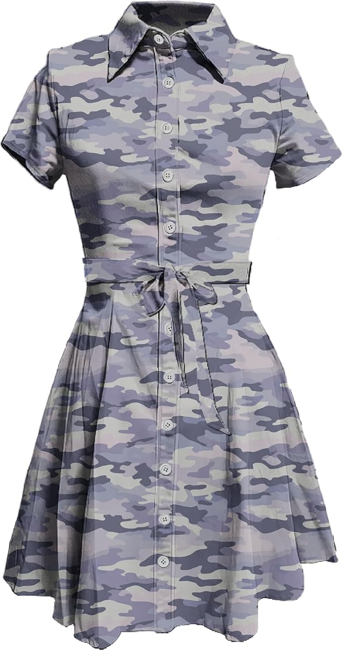 MARSVOVO Cute T Shirt Dress for Women Short Sleeve Button Up Tie Waist Elegant Casual Collared Smocked Midi Dress