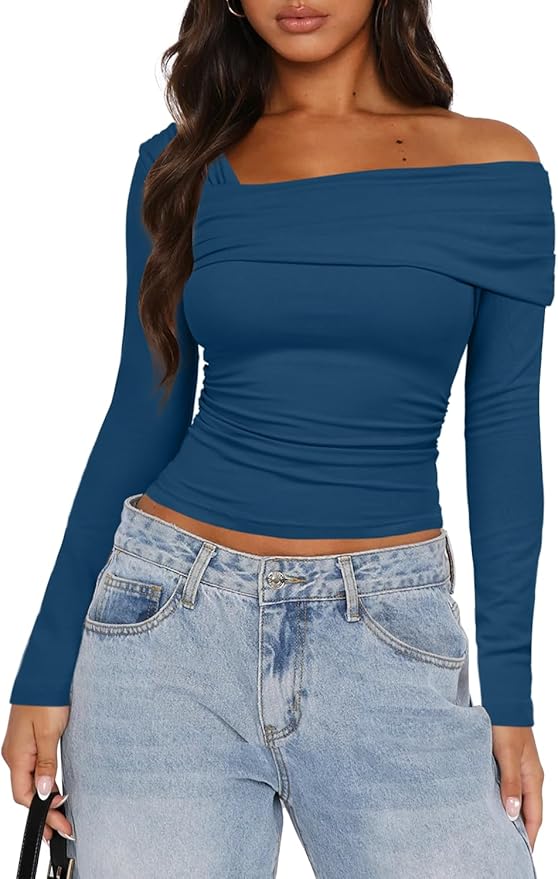Darong Women's Off Shoulder Tops Y2K Shirt Slim Fit Ruched Crop Top Long Sleeves Spring Fall Blouse Going Out Shirt