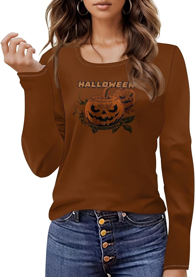 domirica Halloween Sweatshirts For Women Cute Pullover Fall Long Sleeve Pullover U-Neck Halloween Crazy Party Club Clothes