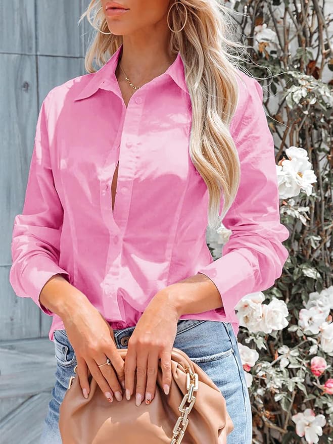 siliteelon Women's Button Down Shirts Long Sleeve Dress Shirts Wrinkle Free Collared Work Office Solid Blouses Corset Tops