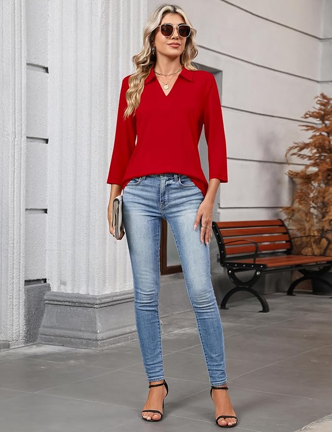 LOMON 3/4 Length Sleeve Womens Tops 2026 Spring Summer Collared Polo Shirts V Neck Casual Basic Polos Tees Shirt
