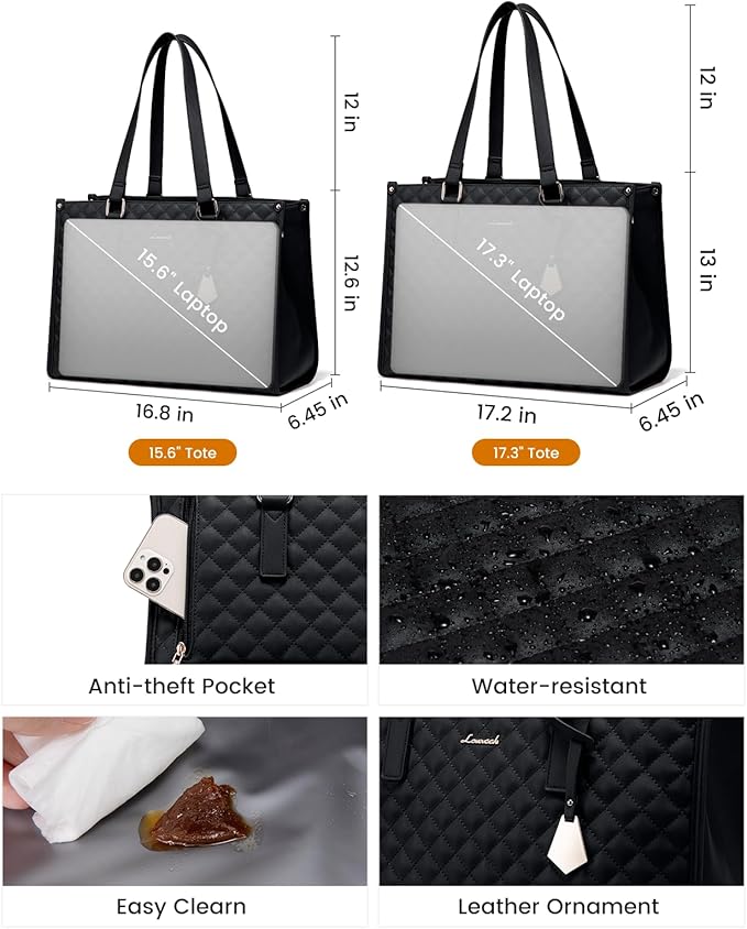 LOVEVOOK Lunch Tote Bag for Women, 17.3 Inch Laptop Bag with Insulated Lunch Compartment, Quilted Large Capacity Computer Handbag with Purse for Business, Work, Nurse, Office, Collage, Casual, Black