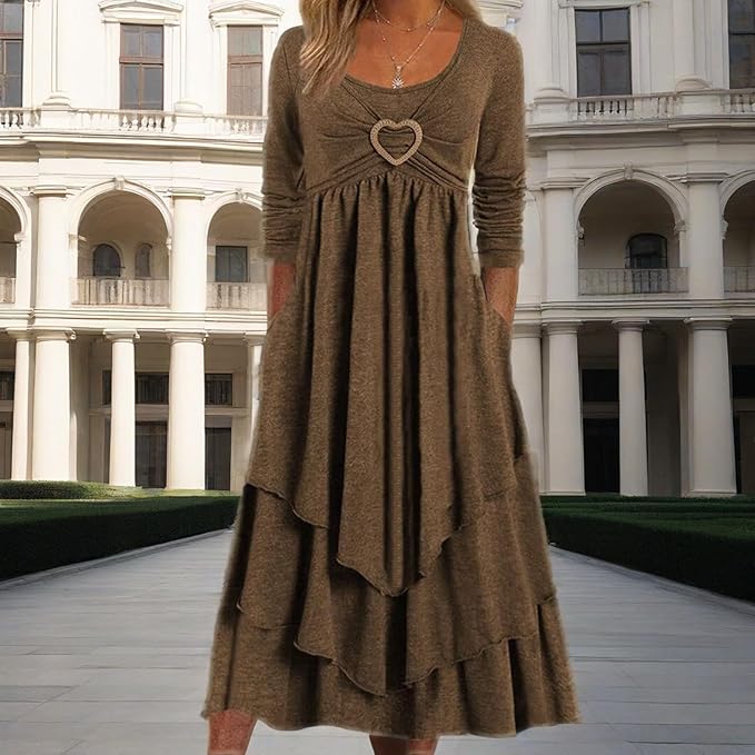 Winter Dresses for Women Wedding Guests Casual Cute Heart Long Sleeve Tiered Maxi Dress with Pockets Plus Size
