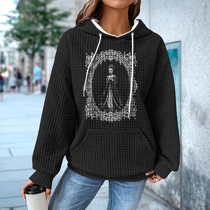 domirica Black Pullover Sweatshirts For Women Trendy Long Sleeve Waffle Sweatshirt With Hood Comfy Fall Clothing Qutfits