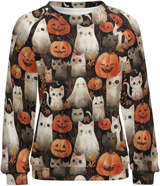 Spatofa Womens novelty funny cat printed crewneck sweatshirt casual loose long sleeve graphic pullover sweatshirts tops