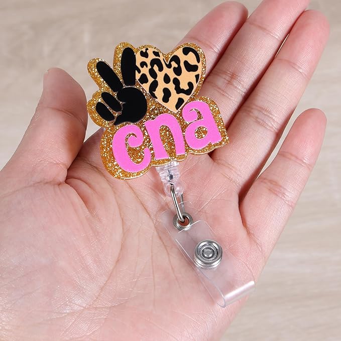 Cute CNA Badge Reel, Leopard Heart Retractable ID Card Badge Holder with Alligator Clip, Gifts for Nurses, Certified Nursing Assistant Badge Buddy