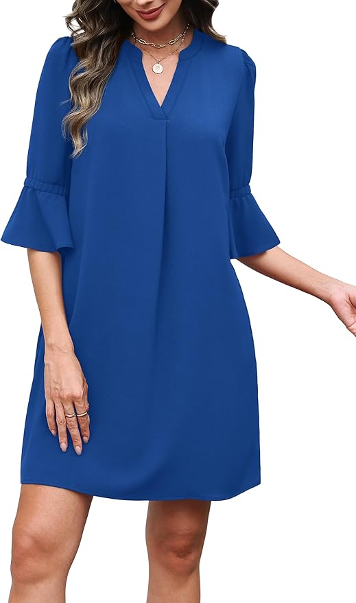 RUMIA Shift Dress for Women V Neck Ruffle Short Sleeve Loose Casual Summer Dress