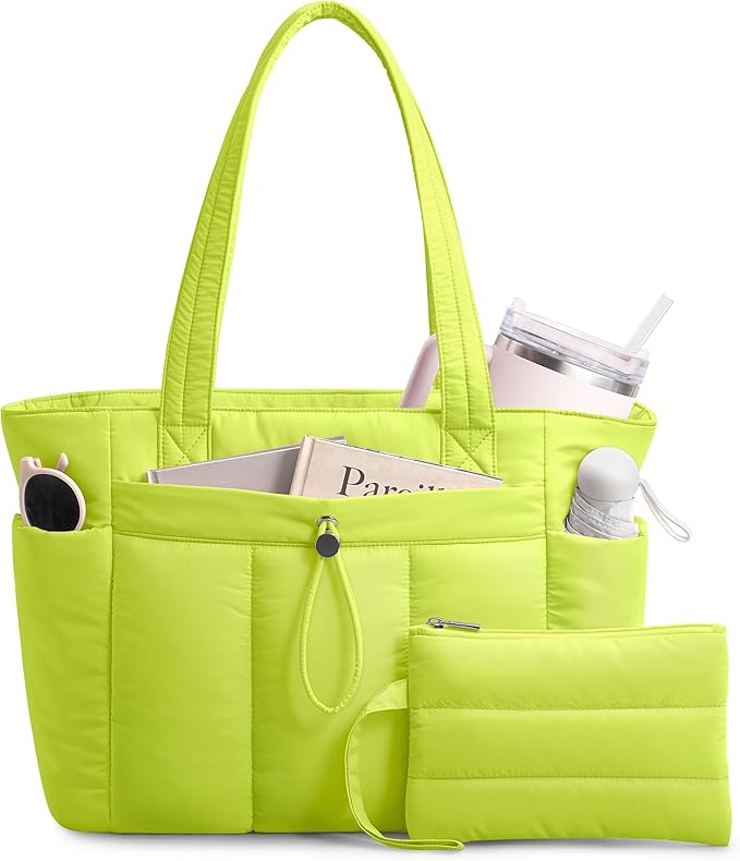 TOPDesign Puffy Tote Bag for Women with Cup Holder & Laptop Compartment & Cosmetic Bag & Trolley Sleeve for Work, Travel