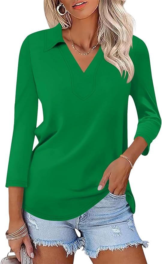 LOMON 3/4 Length Sleeve Womens Tops 2026 Spring Summer Collared Polo Shirts V Neck Casual Basic Polos Tees Shirt