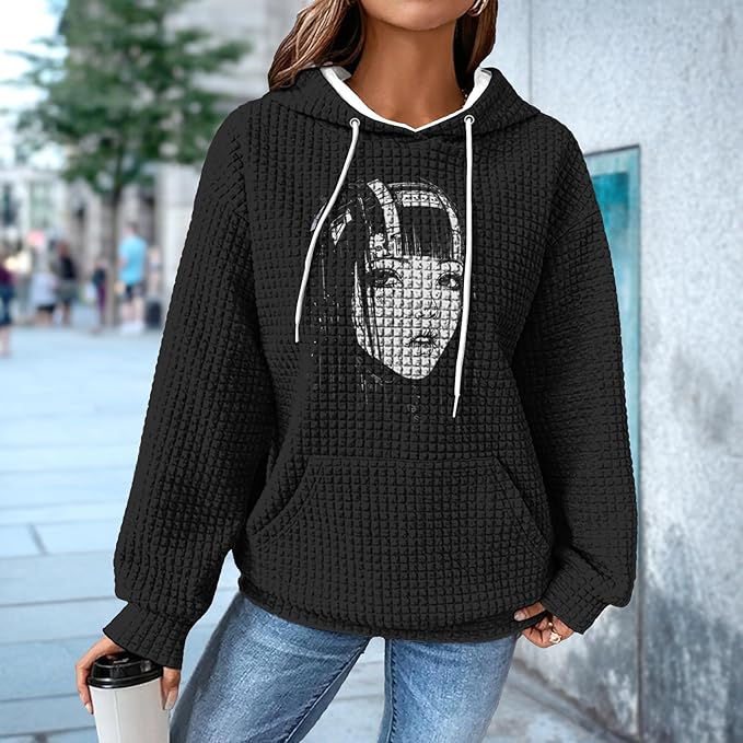 domirica Black Pullover Sweatshirts For Women Trendy Long Sleeve Waffle Sweatshirt With Hood Comfy Fall Clothing Qutfits