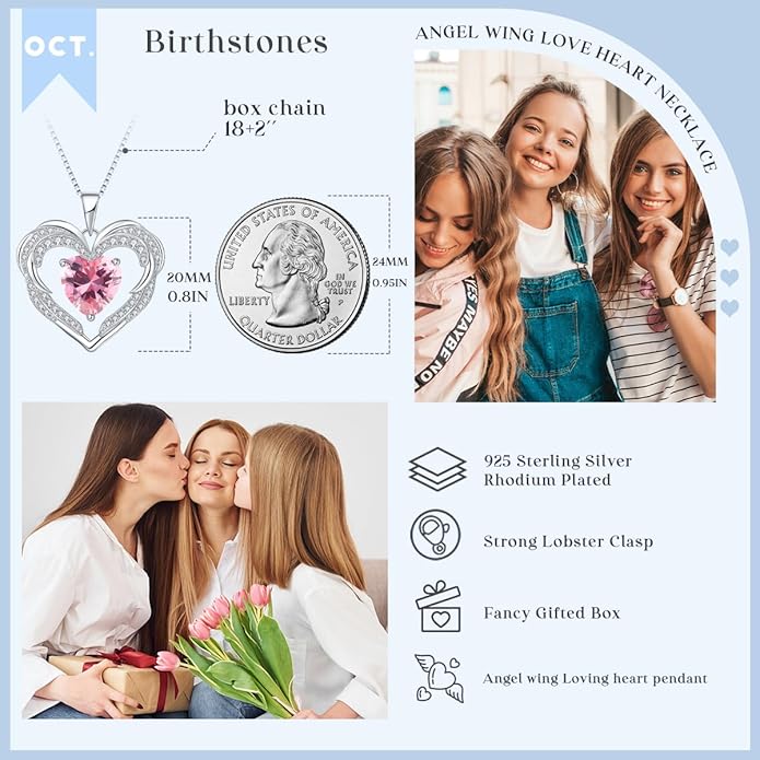 Jurikko Heart Necklaces Valentine's Gift for Women, Birthstone 925 Sterling Silver Angel Wings Love Pendant Necklaces for Women, Jewelry Gifts for Wife, Anniversary, Mother's day
