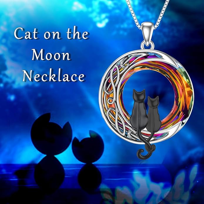 TOUPOP Cat Gifts for Cat Lovers One Two Three Four Cats Necklace Sterling Silver Cats on the Moon Pendant Necklace with Blue Circle Crystal Birthday Christmas Celtic Jewelry Gifts for Women