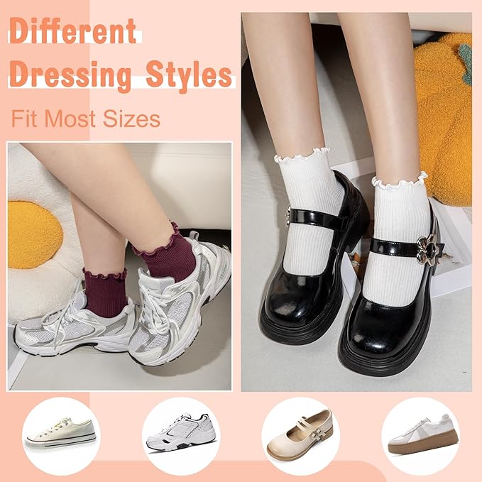 Justay 8 Pairs Ruffle Socks Woman Cute Frilly Soft Cotton Crew Ankle Socks for Women Gifts