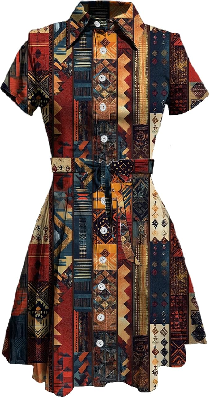 MARSVOVO Vintage Retro Shirt Dress for Women Short Sleeve Button Down Tie Waist Elegant Smocked Knee Length Dress
