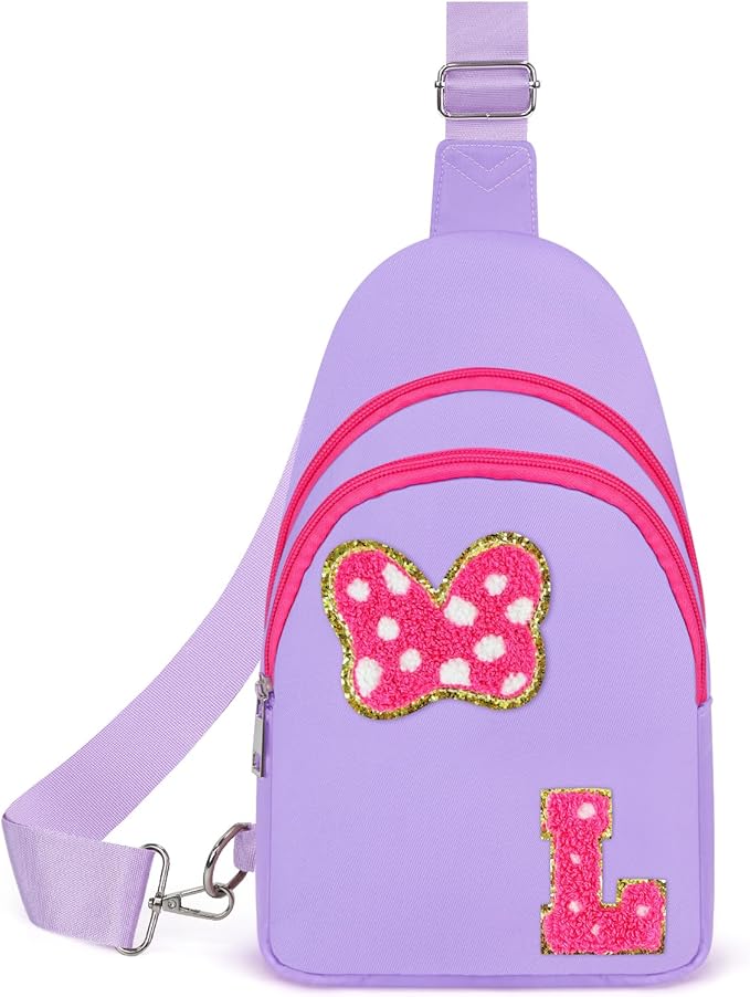 7 8 9 10 11 12 13 23 Year Old Girl Birthday Gifts, Purple Initial Bow Mouse Park Small Sling Bag for Girls Daughter Women, Teen Girl Gifts Trendy Stuff Crossbody Fanny Pack Must Have for Park Travel L