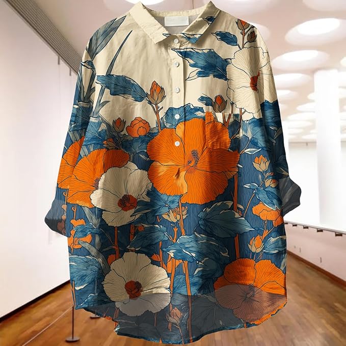 Womens Boho Tops 3/4 Long Sleeve Floral Blouses Hawaii Beach Button Down Shirts V Neck Pullover Casual Tunics