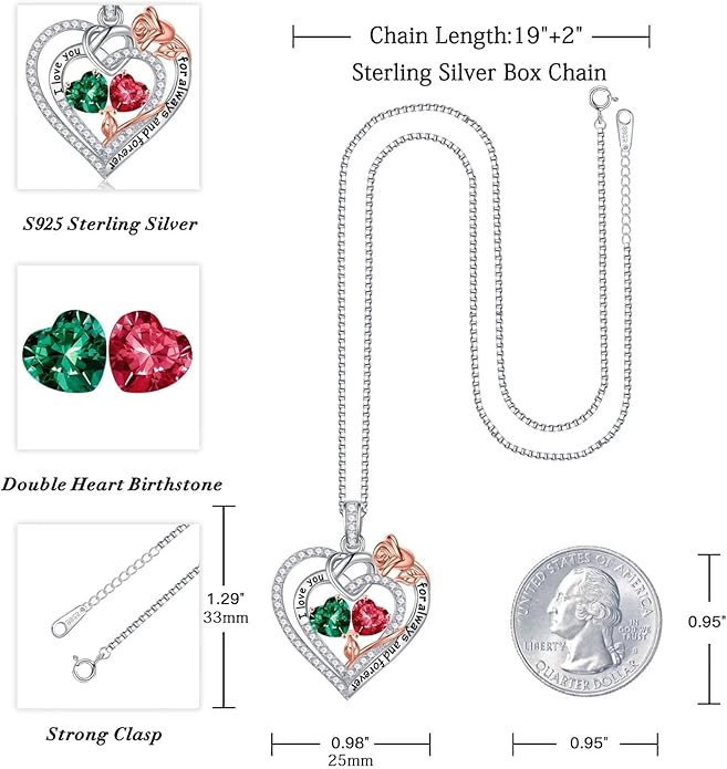 Iefil Valentines Day Gifts for Her - 925 Sterling Silver Double Birthstone Necklace, Anniversary Birthday Gifts for Women, Jewelry Gift for Wife Girlfriend Mom Her