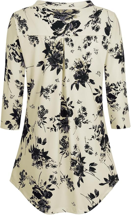 BAISHENGGT 3/4 Sleeve Tops for Women Notch V Neck Floral Work Blouses Dressy Casual Loose Fit Going Out Tunic Tops