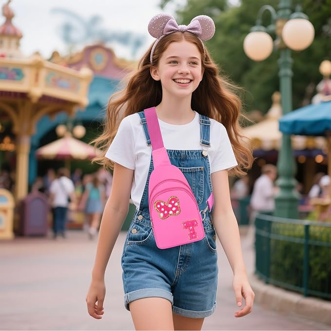 7 8 9 10 11 12 13 14 Year Old Girl Birthday Gifts, Pink Initial Bow Mouse Park Small Sling Bag for Girls Daughter Women, Teen Girl Gifts Trendy Stuff Crossbody Fanny Pack Must Haves for Park Travel T