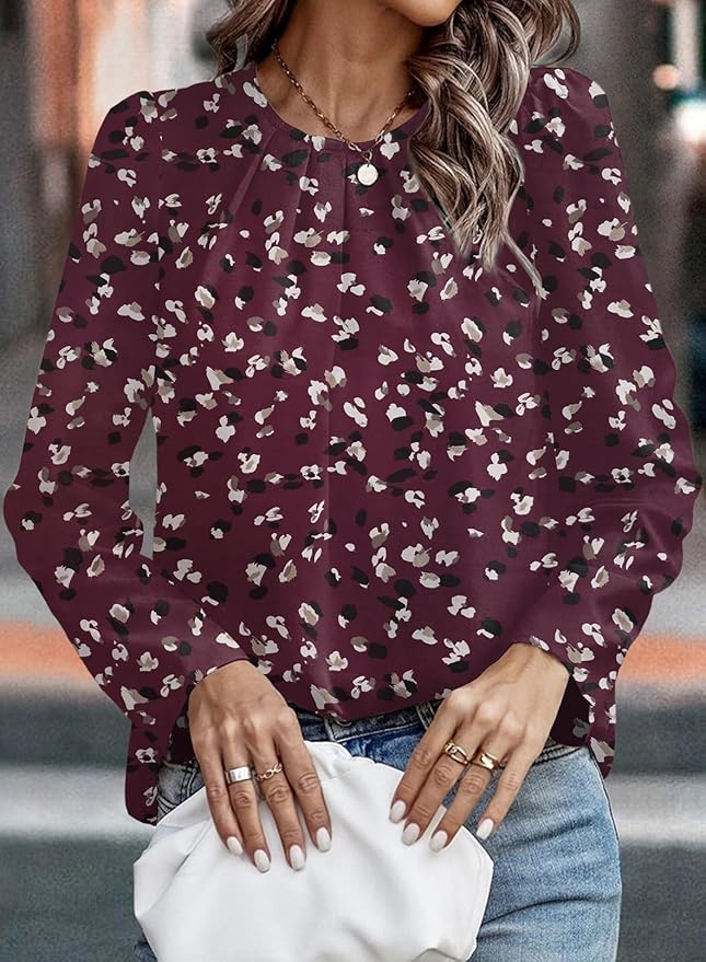 Samefar Womens Tops Dressy Casual Pleated Crew Neck Long Sleeve Shirts Office Work Chiffon Blouses