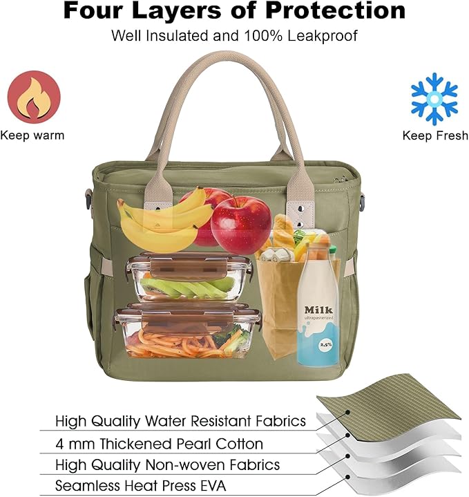 Hafmall Insulated Lunch Bag for Adults,Big lunch box for men, Wide Opening Insulated Bag with Shoulder Strap, Reusable Adult Lunch Bag For Work, Picnic(Deep Greene)