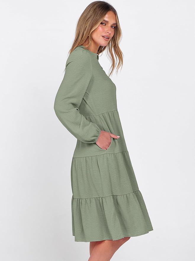 ANRABESS Womens Fall Midi Dresses Long Sleeve V Neck Swing Tiered Work Business Casual 2026 Flowy Beach Vacation Dress