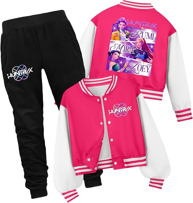 K PopGirls Kpop Tracksuit Cute Cartoon Print Baseball Coats Fashion Long Sleeve Jackets and Pants Christmas Costume Set