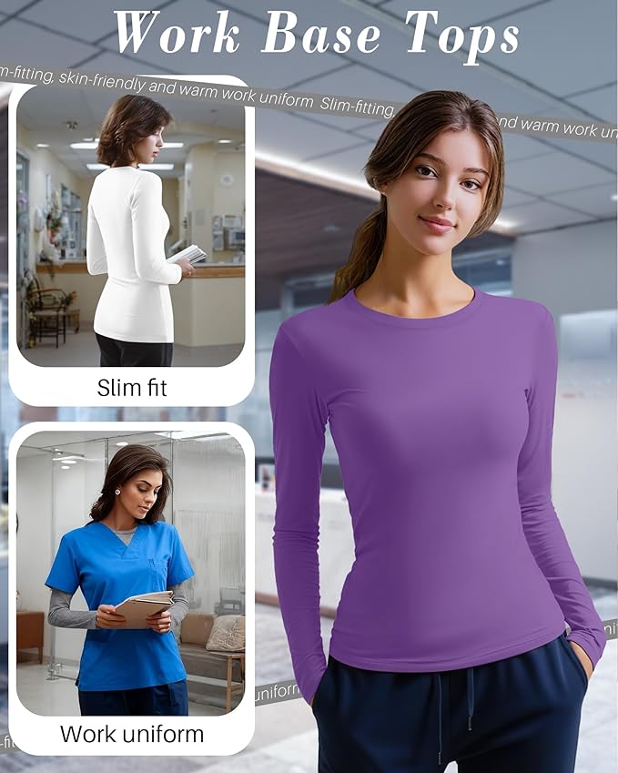 4 Pack Women's Underscrub Shirts Nurse Undershirts Long Sleeve Crewneck Slim Fit Tops Soft Stretchy Basic Tee