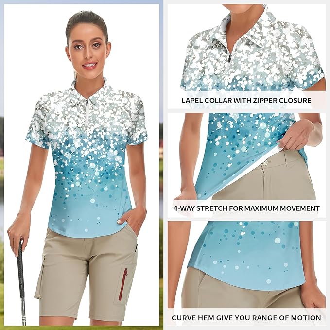 Women's Golf Shirt Short Sleeve Tennis Shirt Quarter Zip Golf Pullover Golf Polo Shirts Argyle Tops