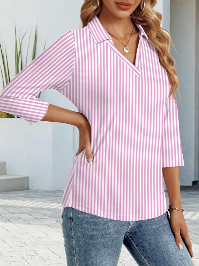3/4 Length Sleeve Womens Tops Dressy Casual V Neck Polo Shirts Business Work Blouses 2025 Trendy Tunic Top