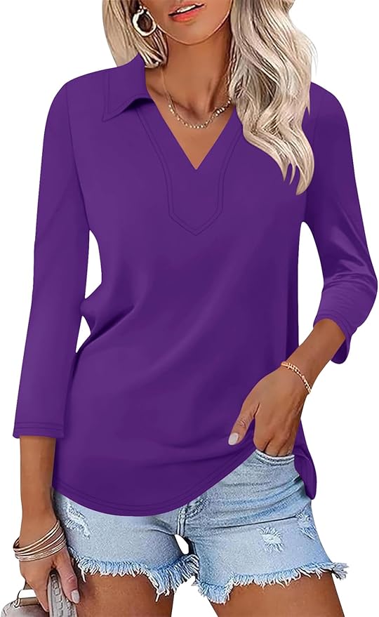 LOMON 3/4 Length Sleeve Womens Tops 2026 Spring Summer Collared Polo Shirts V Neck Casual Basic Polos Tees Shirt
