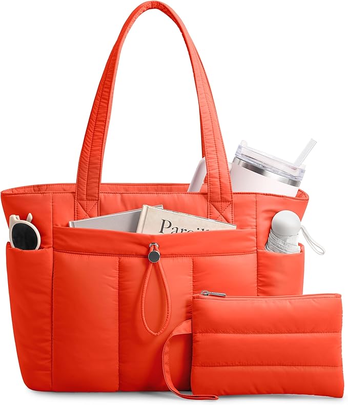 TOPDesign Puffy Tote Bag for Women with Cup Holder & Laptop Compartment & Cosmetic Bag & Trolley Sleeve for Work, Travel