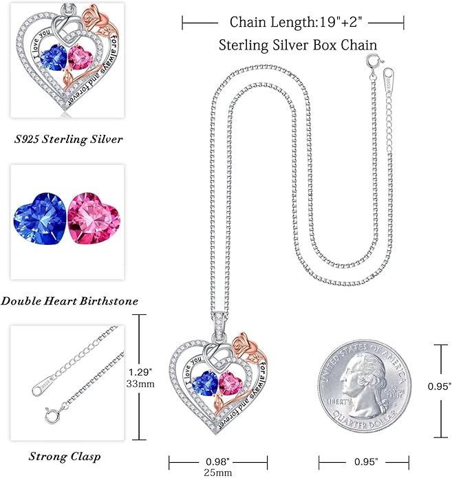 Iefil Valentines Day Gifts for Her - 925 Sterling Silver Double Birthstone Necklace, Anniversary Birthday Gifts for Women, Jewelry Gift for Wife Girlfriend Mom Her