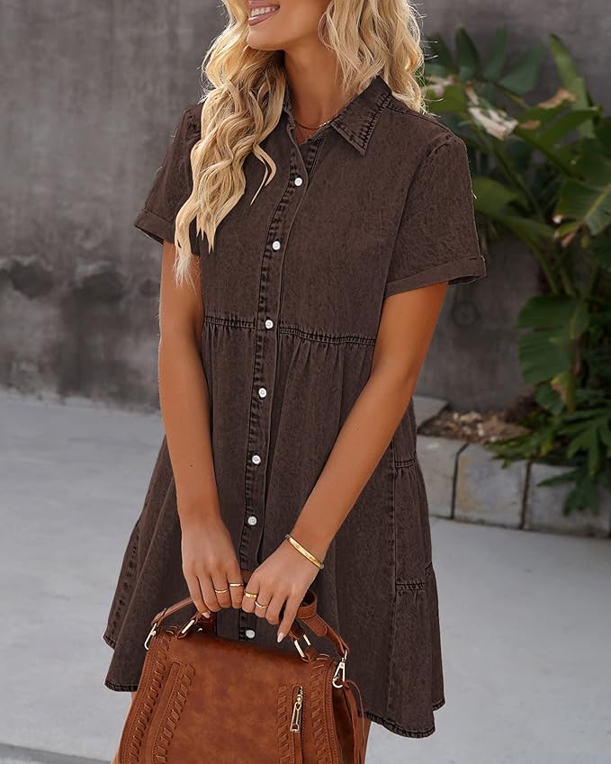 LookbookStore Women's Short Sleeve Button Down Flowy Tiered Babydoll Denim Dress