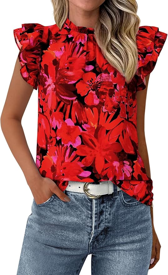 PRETTYGARDEN Women's Ruffle Short Sleeve Summer Tops 2026 Trendy Floral Trim Neck Casual Dressy Chiffon Boho Blouses Shirts