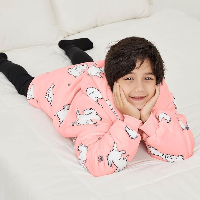 KFUBUO Wearable Blanket Hoodie for Kids Sherpa Dog Patterns Oversized Sweatshirt Blanket with Pocket 6-10 Year Old Girl Boy Birthday Gifts