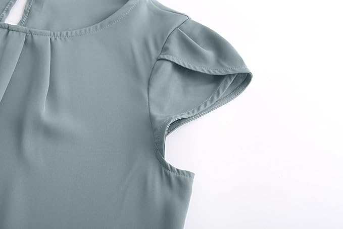 TASAMO Women's Casual Round Neck Basic Pleated Top Cap Sleeve Curved Keyhole Back Chiffon Blouse