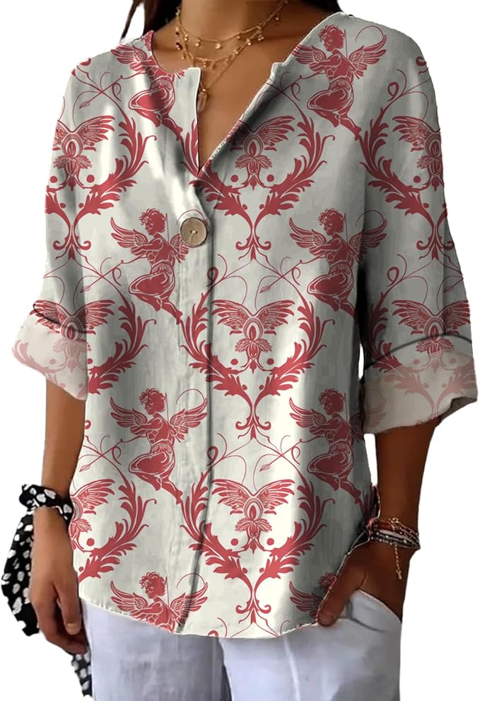 Long Sleeve Shirts for Women V Neck Button Boho Graphic Blouses Casual Collared Fashion Summer Flowing Tops