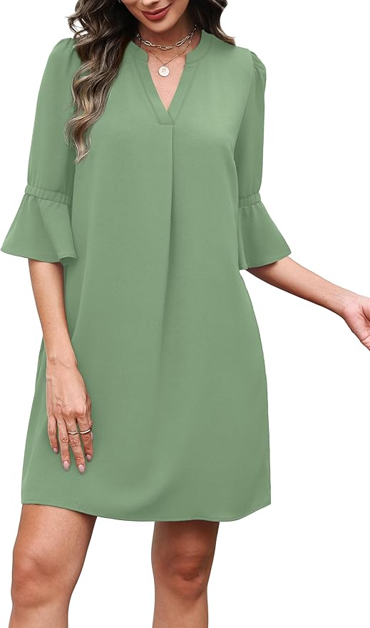 RUMIA Shift Dress for Women V Neck Ruffle Short Sleeve Loose Casual Summer Dress