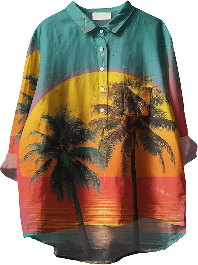 Womens Boho Tops 3/4 Long Sleeve Floral Blouses Hawaii Beach Button Down Shirts V Neck Pullover Casual Tunics