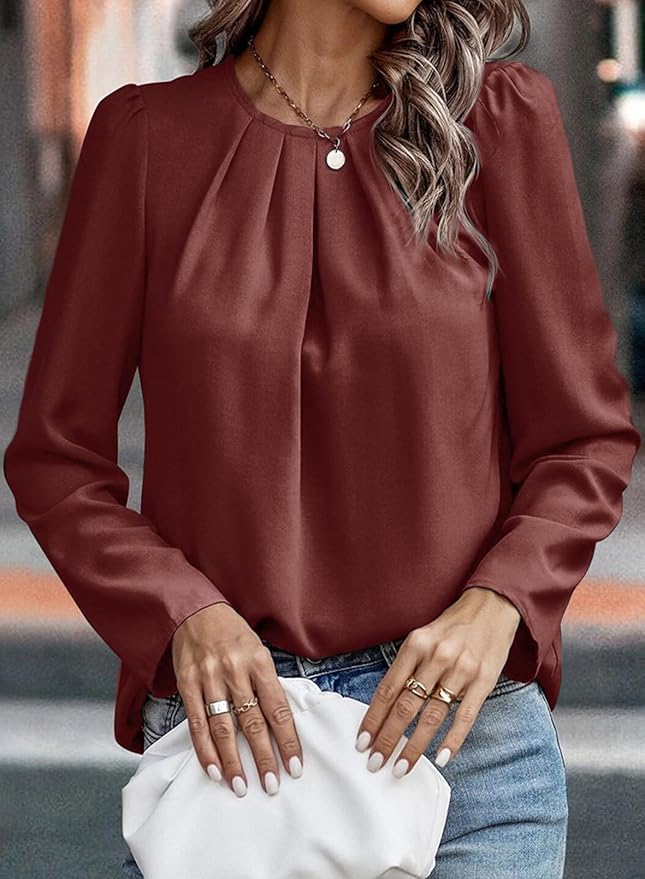 Samefar Womens Tops Dressy Casual Pleated Crew Neck Long Sleeve Shirts Office Work Chiffon Blouses