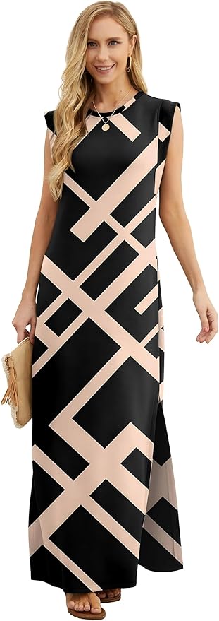 GRECERELLE 2026 Women Year-Round Casual Round Neck Loose Split Wrinkle-Free Long Maxi Vacation Dress with Pockets (XXS-4XL)