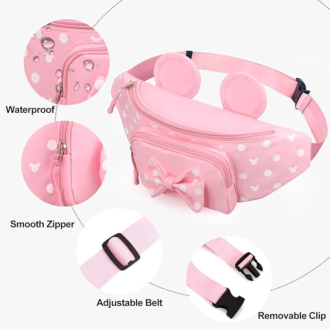 Pink Fanny Pack for Women Teen Girls Mini Mouse Fanny Pack Cute Bowknot Polka Dot Waist Pack Outdoor Travel Waist Bag Cartoon Hiking Belt Bag Bum Bags with Mouse Ears