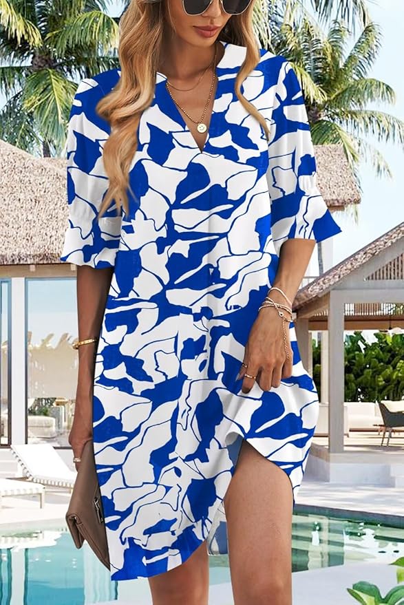 Wkior Shift Dress for Women V Neck Short Sleeves Solid Color Casual Flowy Summer Dresses(S-2XL)