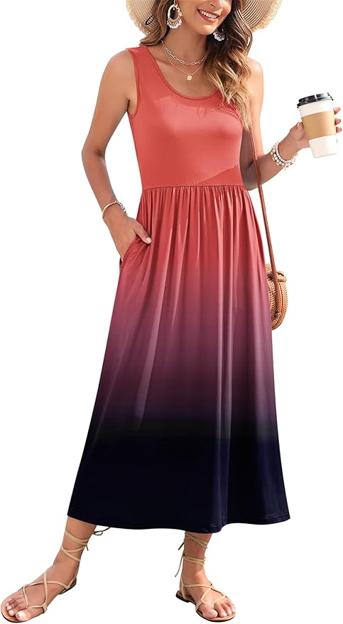 WNEEDU Women's Summer Maxi Dress 2026 Casual Sleeveless Hawaiian Sundress Tropical Long Dress Beach Vacation Outfit