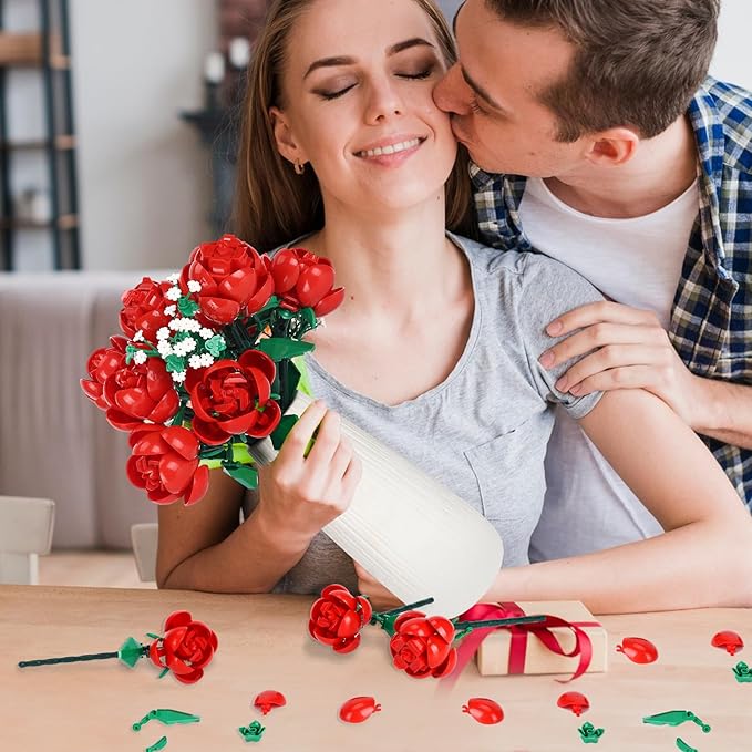 Dexblocks 780 PCS Red Rose Building Flower Bouquet Kit for Adults & Kids, DIY Artificial Flowers Set for Home Decor, Desk Display, Gifts for Women, Girls (Red Rose)