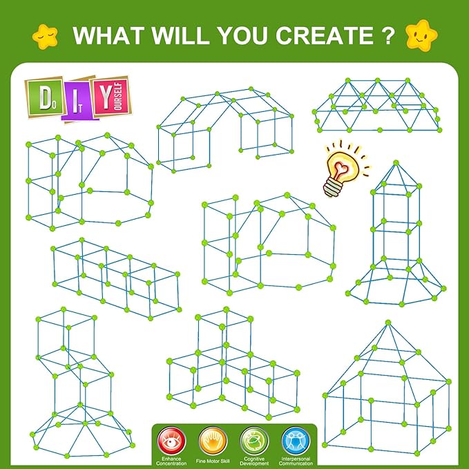 SpringFlower Fort Building Kit for Kids,STEM Construction Toys, Educational Gift for 3 4 5 6 7 8 9 10 11 12 Years Old Boys and Girls,Ultimate Creative Set for Indoor & Outdoors Activity,200 Pcs,Green