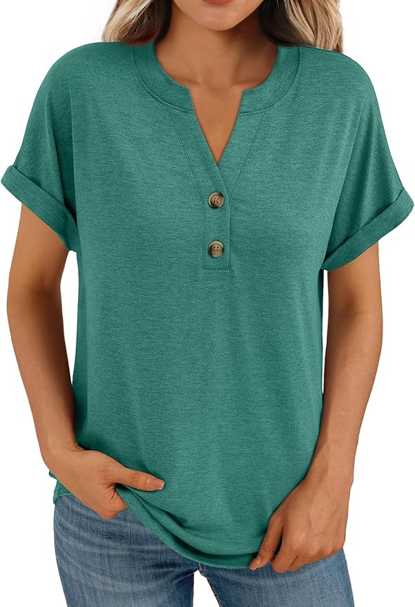 AUTOMET Women's Short Sleeve Shirts Henley Dressy Casual Summer Tops 2026 Spring Fashion Trendy Cute T-Shirts
