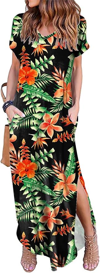 Arolina Women's Summer Maxi Dress Short Sleeve V Neck Casual Loose Long Beach Split Dresses with Pockets