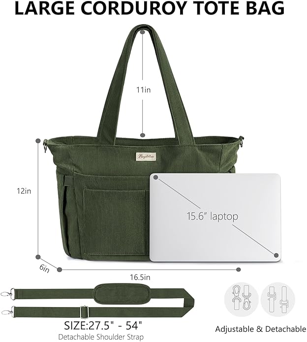 Corduroy Tote Bag for Women, 17 Pockets Laptop Work Tote Lightweight Teacher Nurse Bible Shoulder Bag for School Daily Travel